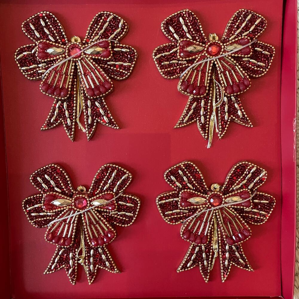Sugarplum Dreams Beaded Bow Ornaments Set of 4 Holiday Red & Gold Glam New